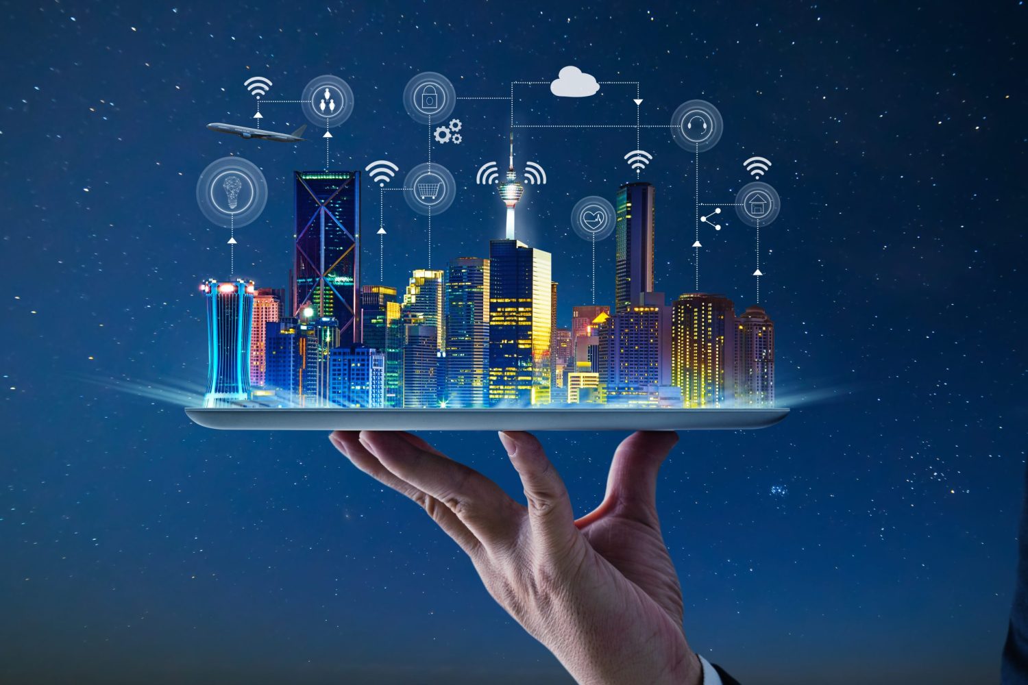 Waiter hand holding an empty digital tablet with Smart city with Waiter hand holding an empty digital tablet with Smart city with